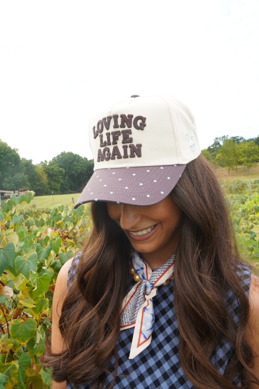 Loving Life Again - Brown &amp; Blue Polka Dot Trucker Hat