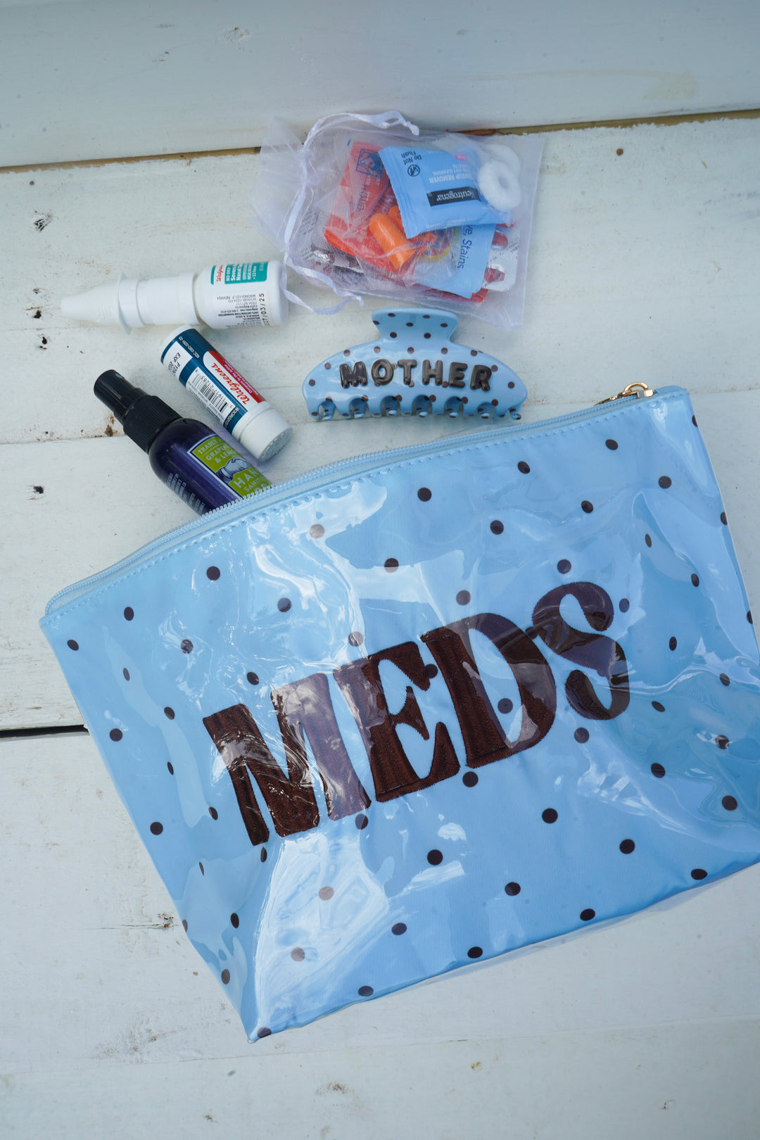Meds - Blue &amp; Brown Polka Dot Clear Coat Bag