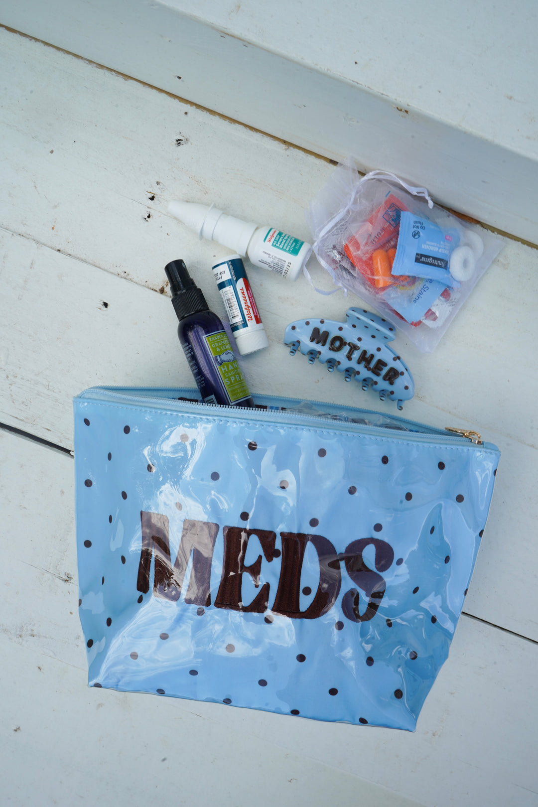 Meds - Blue &amp; Brown Polka Dot Clear Coat Bag