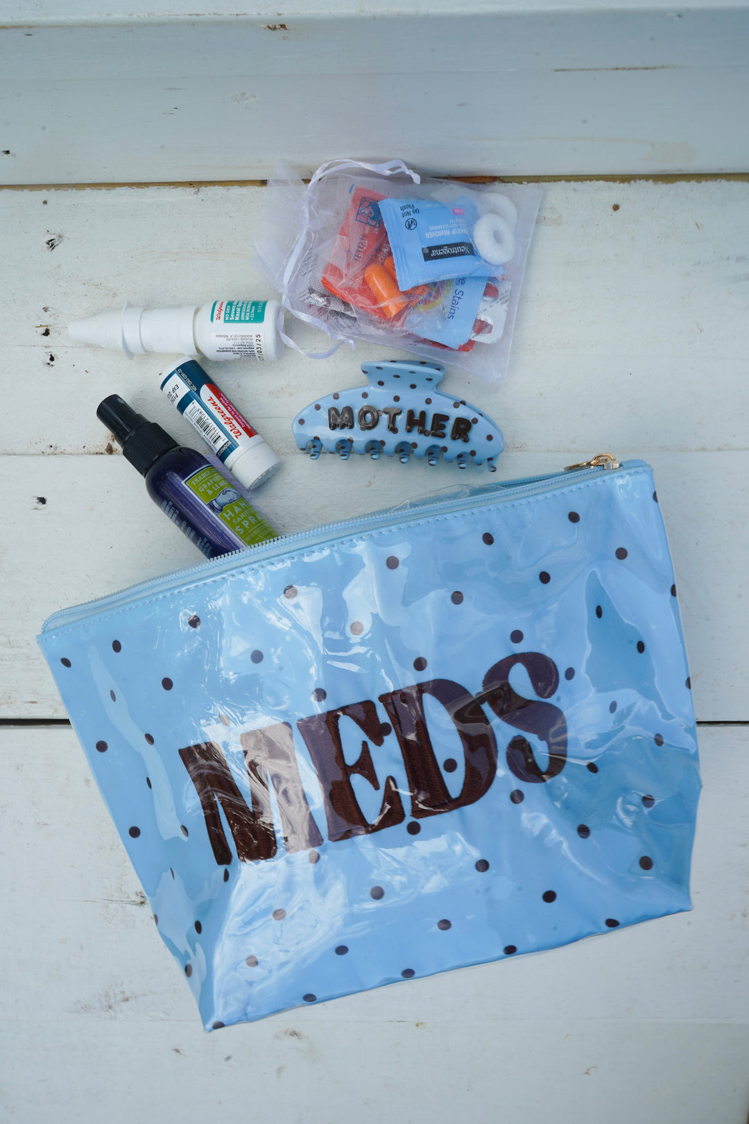 Meds - Blue &amp; Brown Polka Dot Clear Coat Bag