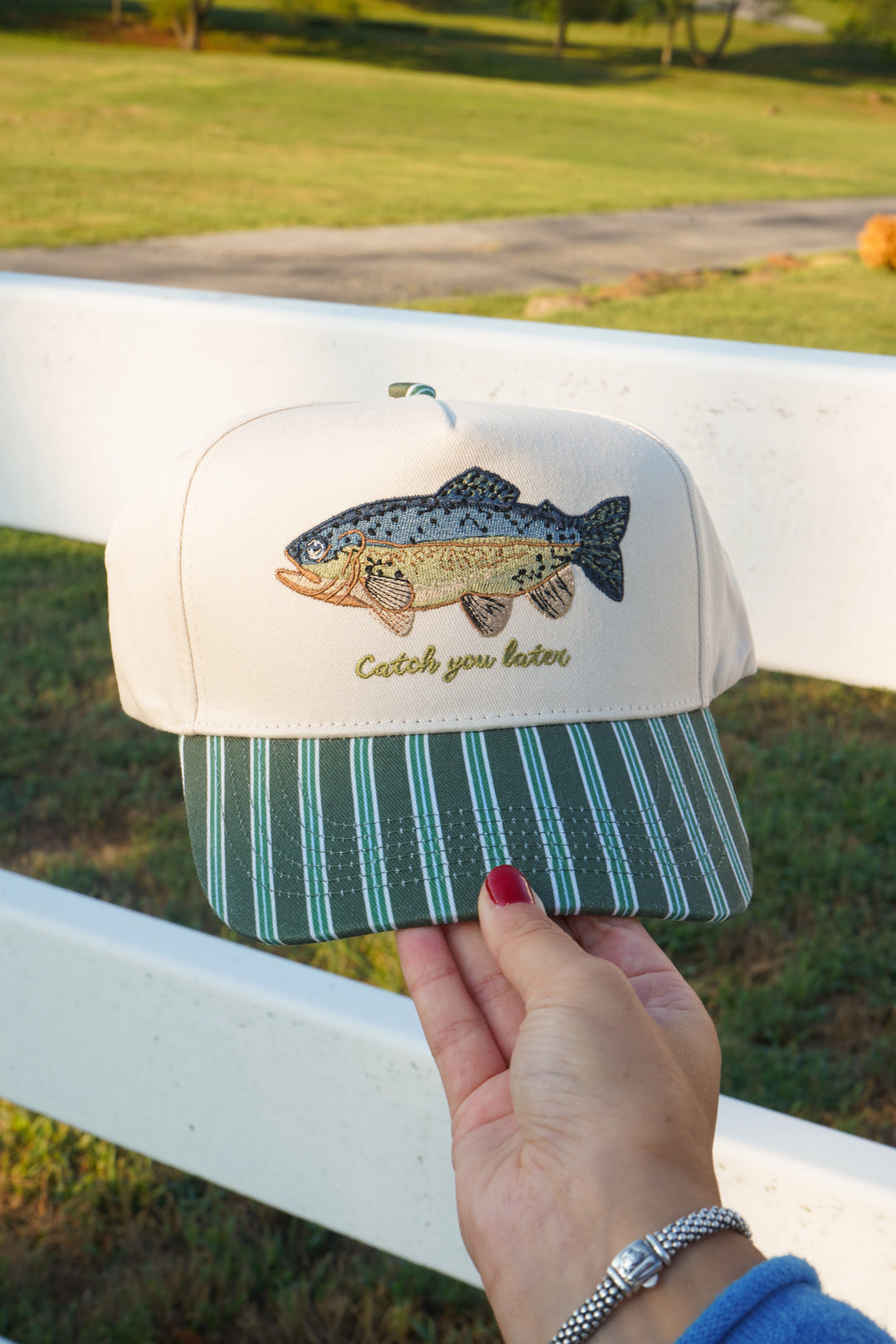 Catch you Later - Dark Green + Navy Stripe Trucker Hat