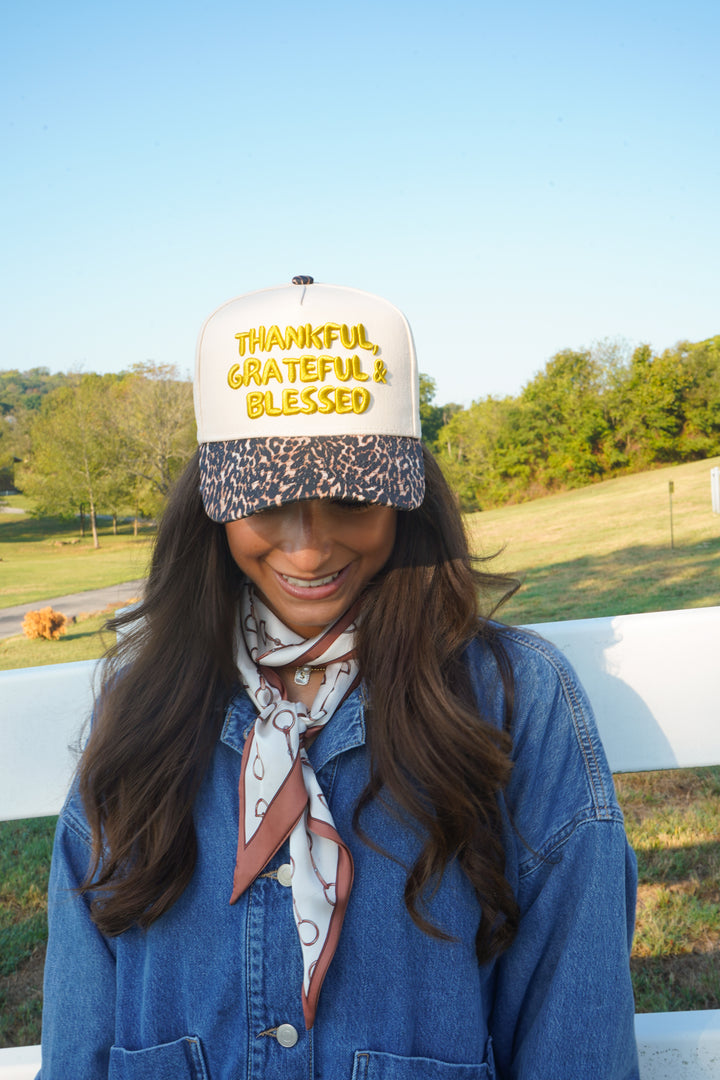 Thankful, Grateful &amp; Blessed - Leopard Trucker Hat