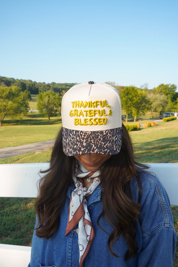 Thankful, Grateful &amp; Blessed - Leopard Trucker Hat