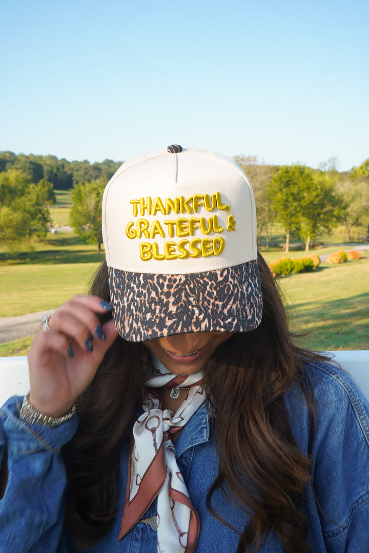 Thankful, Grateful &amp; Blessed - Leopard Trucker Hat