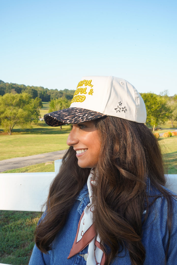 Thankful, Grateful &amp; Blessed - Leopard Trucker Hat