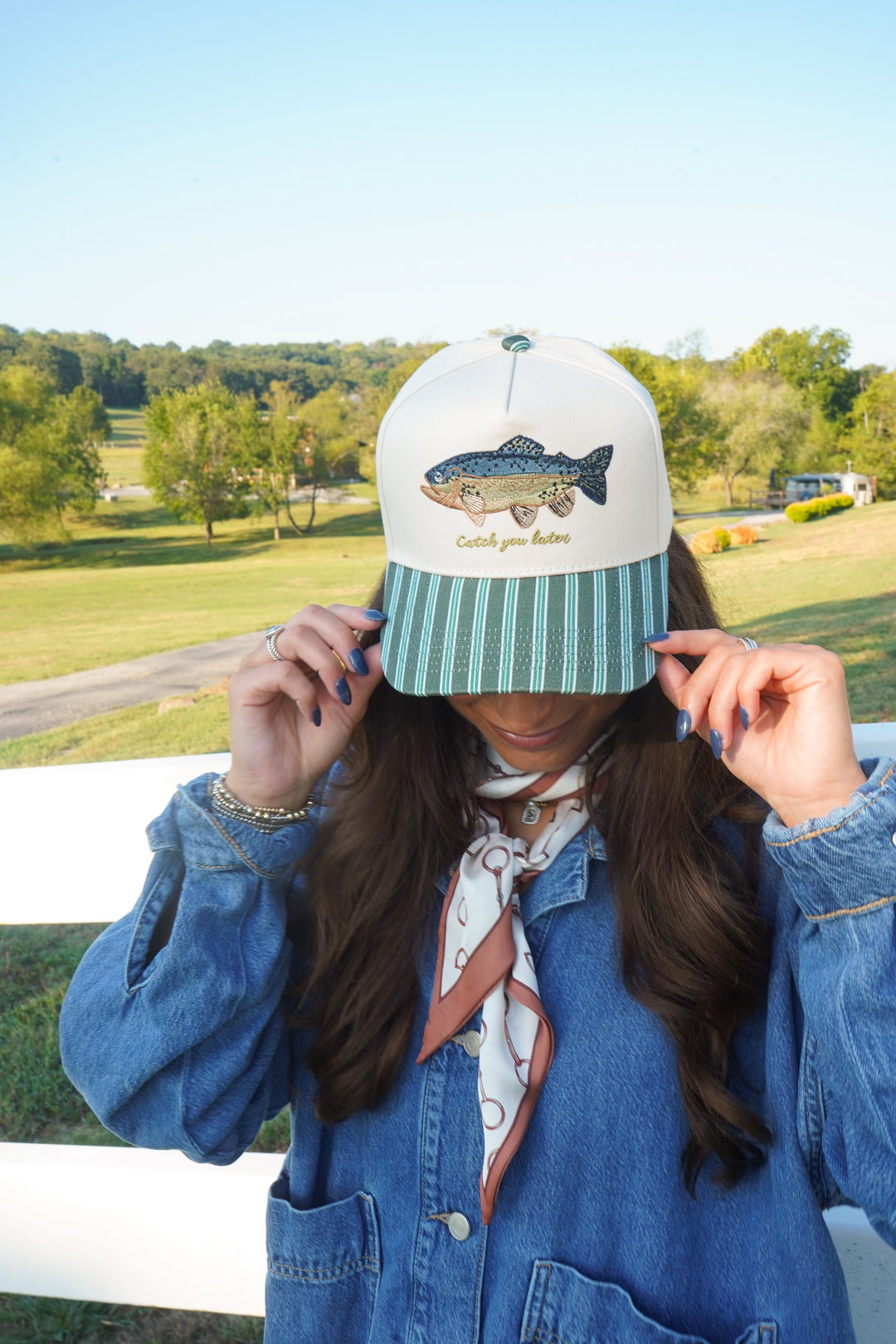 Catch you Later - Dark Green + Navy Stripe Trucker Hat