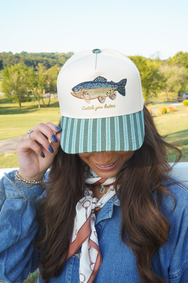 Catch you Later - Dark Green + Navy Stripe Trucker Hat