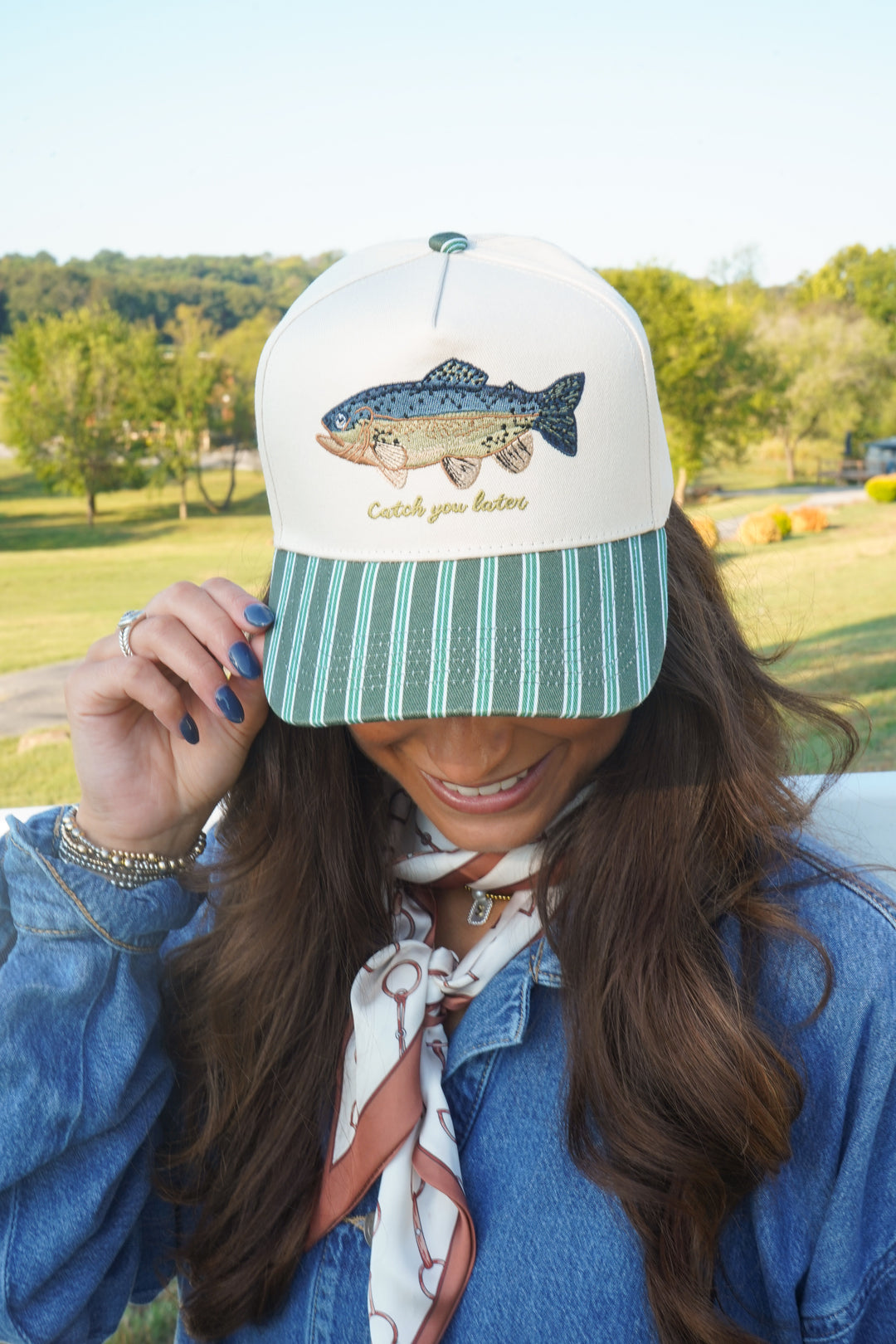 Catch you Later - Dark Green + Navy Stripe Trucker Hat
