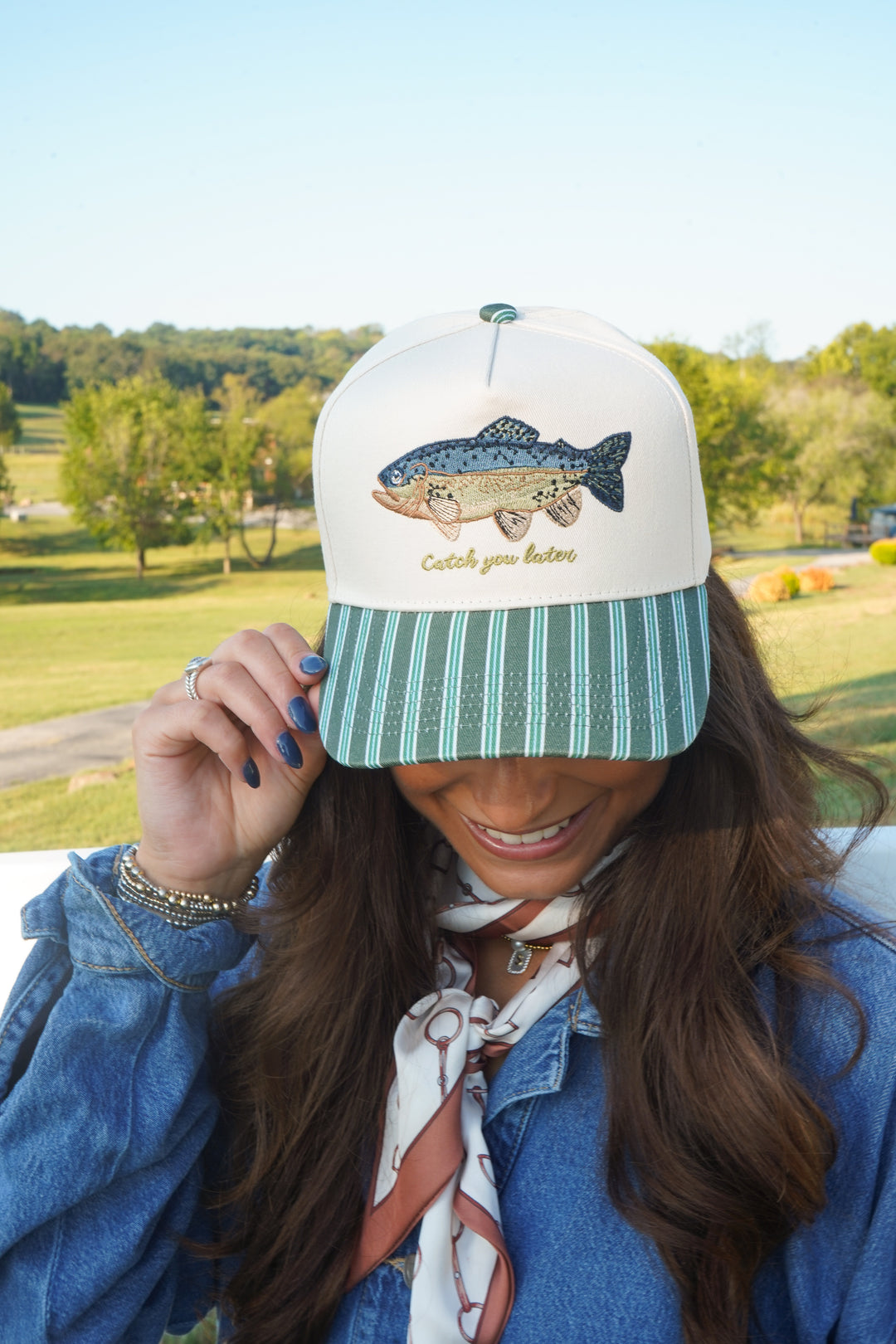 Catch you Later - Dark Green + Navy Stripe Trucker Hat