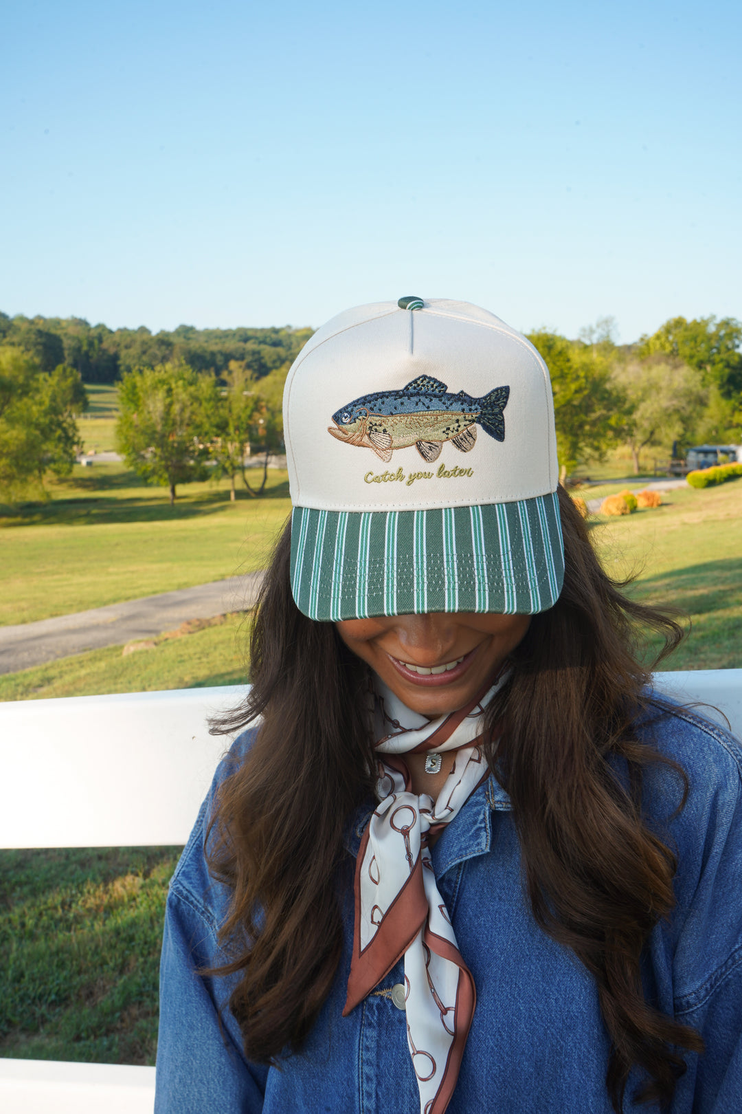 Catch you Later - Dark Green + Navy Stripe Trucker Hat