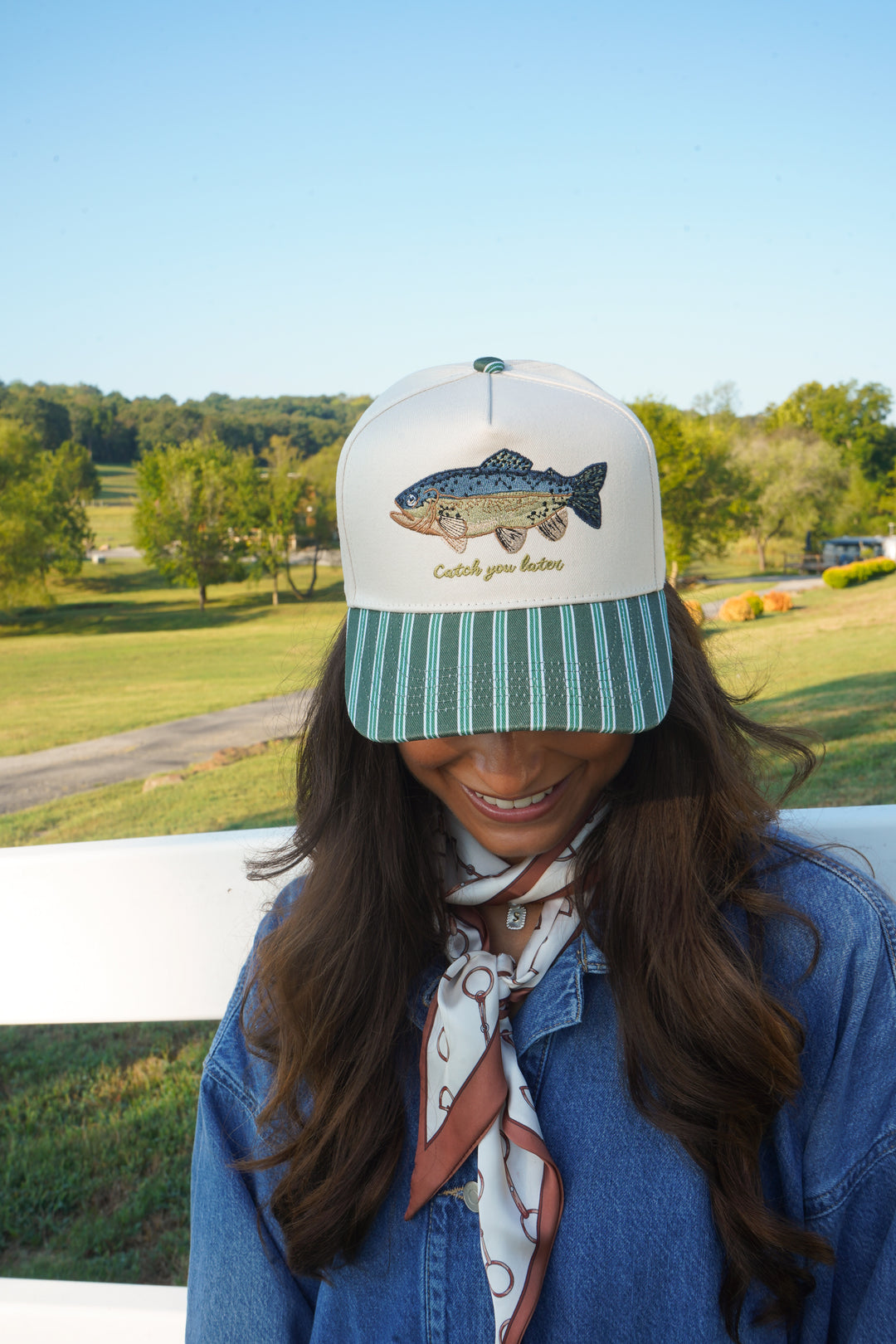 Catch you Later - Dark Green + Navy Stripe Trucker Hat