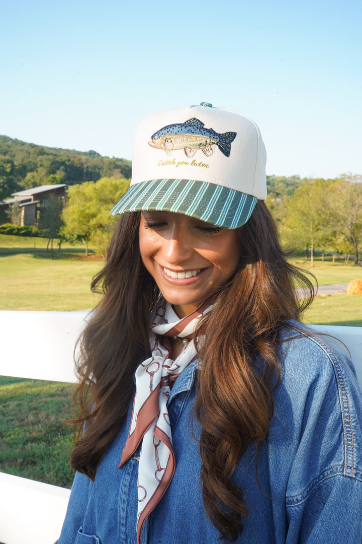 Catch you Later - Dark Green + Navy Stripe Trucker Hat