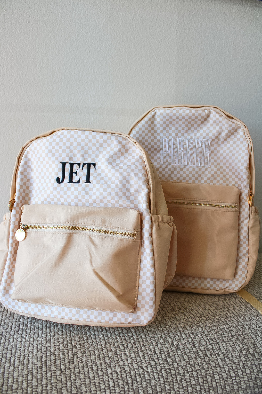 Tan Checkered Backpack -PLAIN NO EMBROIDERY