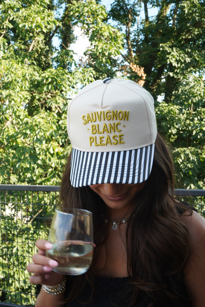 Sauvignon Blanc Please - Black &amp; White Stripe Trucker Hat