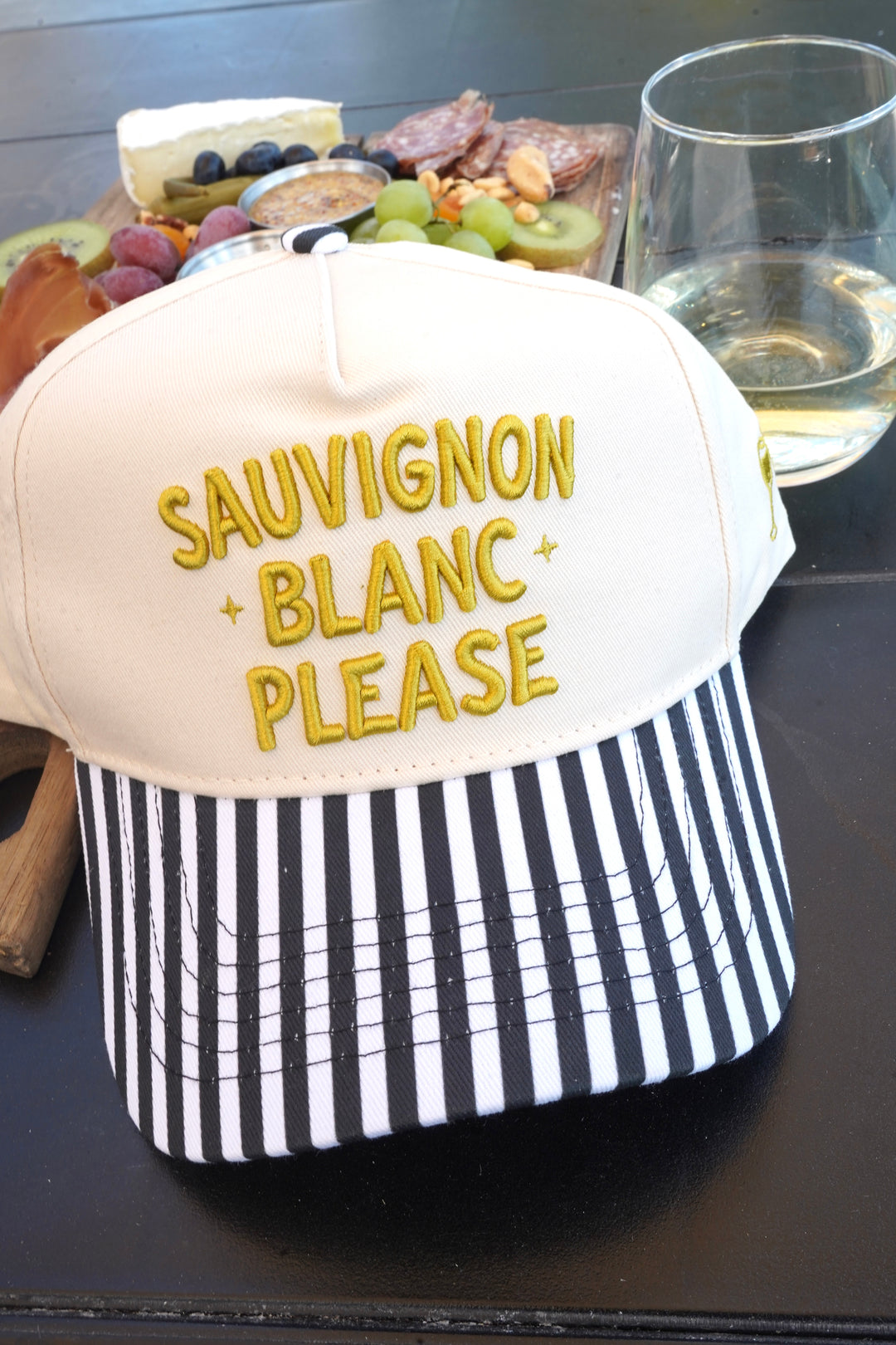 Sauvignon Blanc Please - Black &amp; White Stripe Trucker Hat