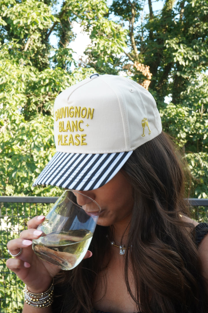 Sauvignon Blanc Please - Black &amp; White Stripe Trucker Hat