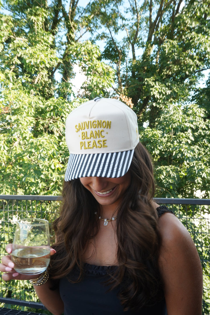 Sauvignon Blanc Please - Black &amp; White Stripe Trucker Hat