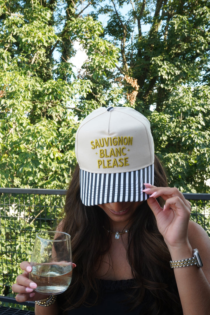 Sauvignon Blanc Please - Black &amp; White Stripe Trucker Hat