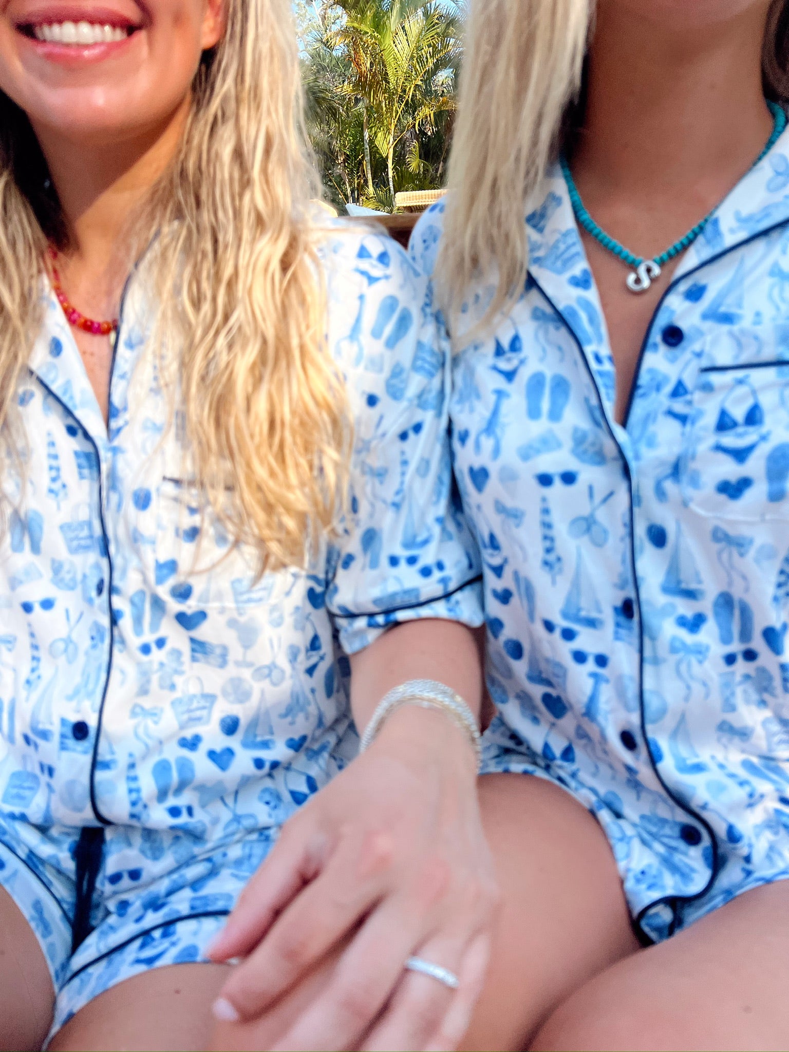 Anjue Women's Short Sleeve Pajama Set - Soft Bamboo Viscose, Button Front Top, Drawstring Shorts (Lake Blue Star, Size S)