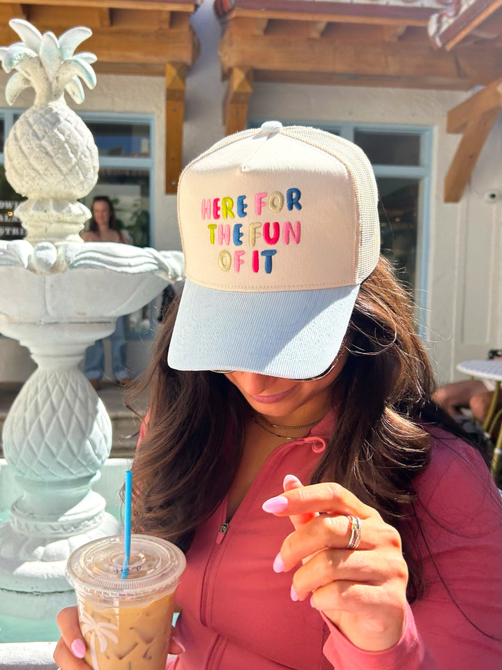 Here for the Fun of it - Baby Blue Corduroy Trucker Hat