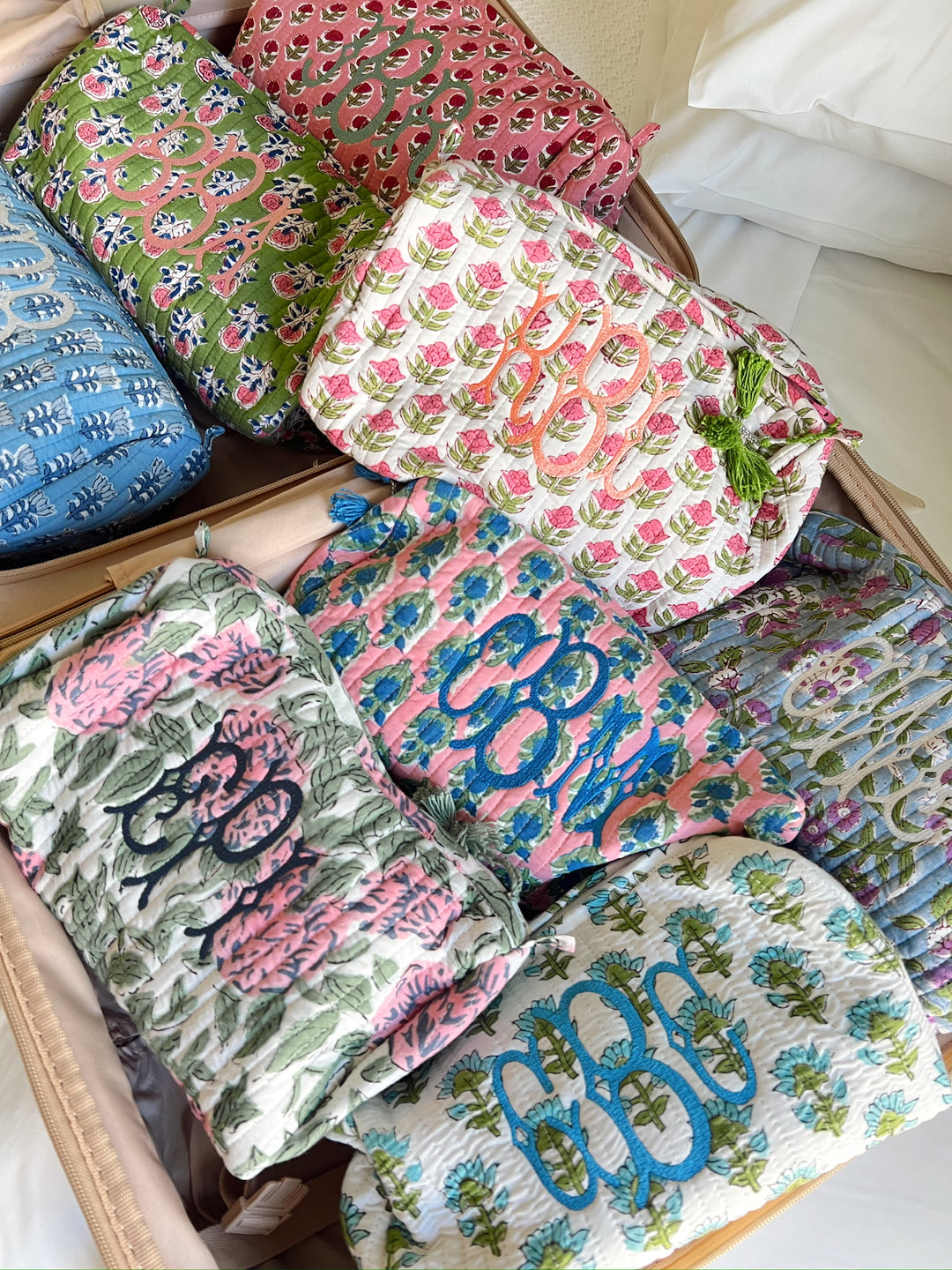 Quilted Block-Print Makeup Bag